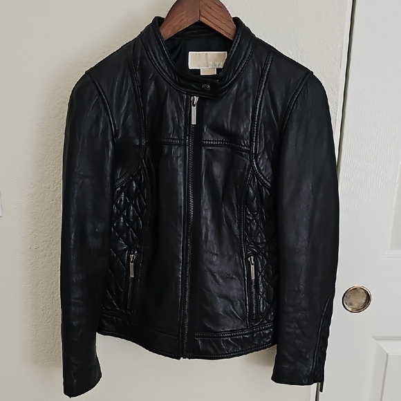 Michael Kors Black Leather Moto Bomber Quilted Jacket PM Petite Medium - Picture 1 of 9